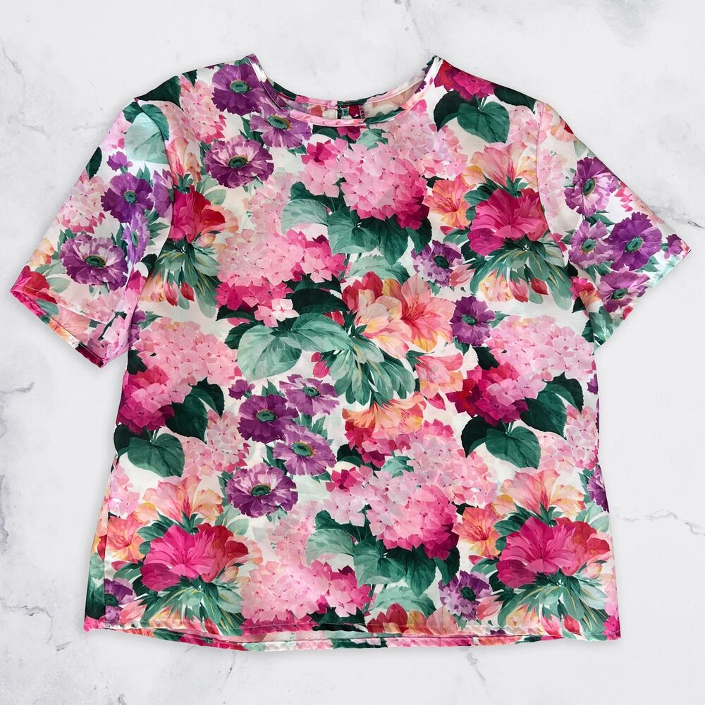 Vintage Multicolor Floral Print Short Sleeve Blouse by Blair Boutique / S M